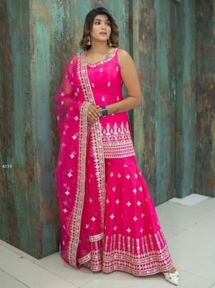 Designer Pink Faux Georgette Sharara  Top With Dupatta