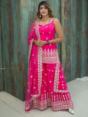 Designer Pink Faux Georgette Sharara  Top With Dupatta