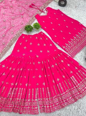 Designer Pink Faux Georgette Sharara  Top With Dupatta