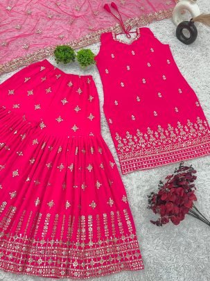Designer Pink Faux Georgette Sharara  Top With Dupatta