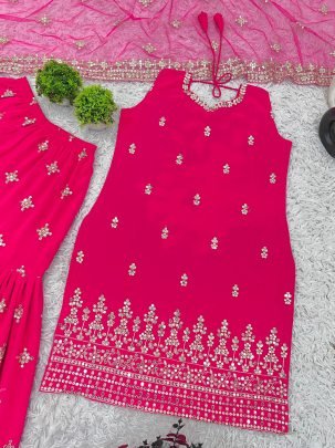 Designer Pink Faux Georgette Sharara  Top With Dupatta