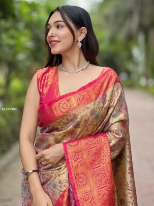 Designer Pink Silk Sarees And Blouse Zari Weaves All Over