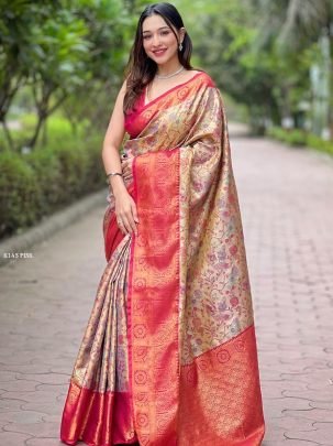 Designer Pink Silk Sarees And Blouse Zari Weaves All Over