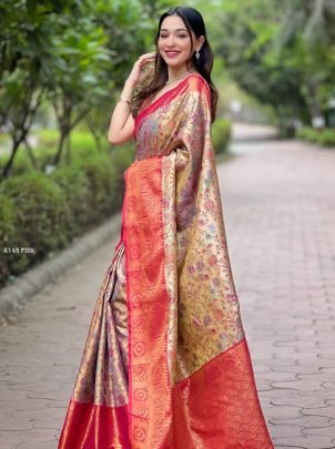 Designer Pink Silk Sarees And Blouse Zari Weaves All Over