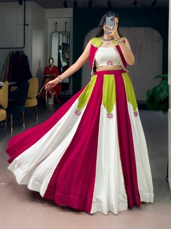 Designer Pink & White Flared Lehenga Set With Stylish Crop Top And Jacket 