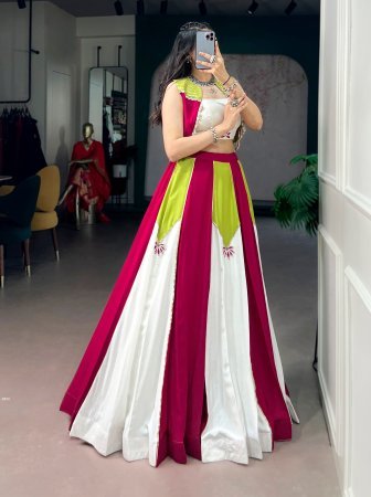 Designer Pink & White Flared Lehenga Set With Stylish Crop Top And Jacket