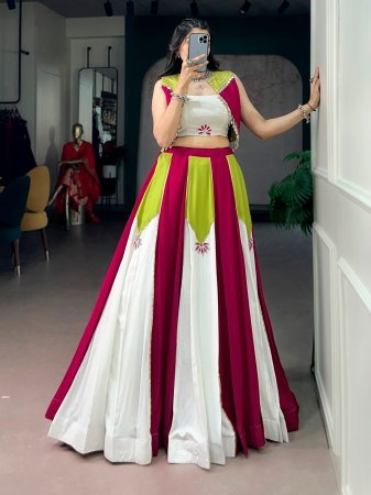 Designer Pink & White Flared Lehenga Set With Stylish Crop Top And Jacket