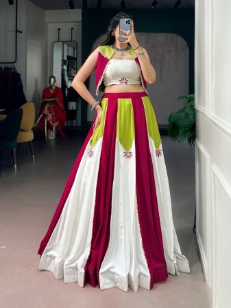 Designer Pink & White Flared Lehenga Set With Stylish Crop Top And Jacket
