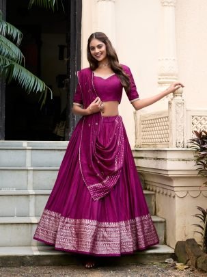 Designer Pure Chanderi Wine Lehenga Choli  Set