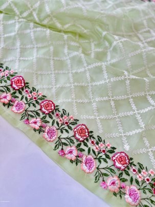 Designer Pure Organza Flower Embroidery Work Saree With Latkan