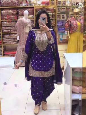 Designer Purple 5mm Sequence And Embroidery Pure Chinon Silk Top And Dhoti Suits