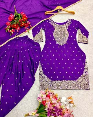 Designer Purple 5mm Sequence And Embroidery Pure Chinon Silk Top And Dhoti Suits