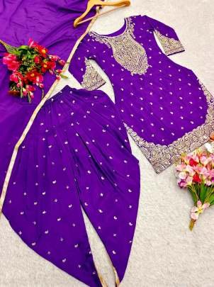 Designer Purple 5mm Sequence And Embroidery Pure Chinon Silk Top And Dhoti Suits