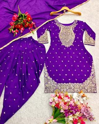 Designer Purple 5mm Sequence And Embroidery Pure Chinon Silk Top And Dhoti Suits