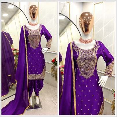 Designer Purple 5mm Sequence And Embroidery Pure Chinon Silk Top And Dhoti Suits