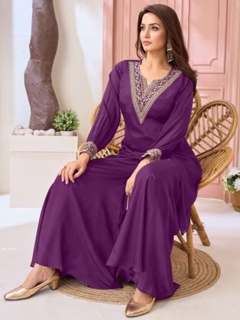 Designer Purple Neck Embroidered Plazzo Cord Set 