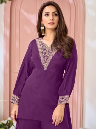 Designer Purple Neck Embroidered Plazzo Cord Set