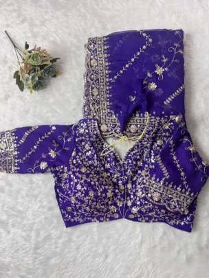 Designer Purple Orgenza Silk Embroidery Work Saree