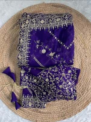 Designer Purple Orgenza Silk Embroidery Work Saree
