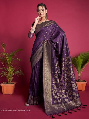 Designer Purple Zari Weaving Border Work Banarasi Silk Saree