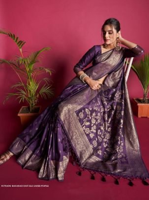 Designer Purple Zari Weaving Border Work Banarasi Silk Saree