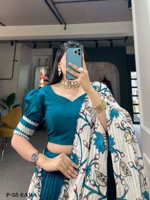Designer Rama Lehenga Choli With Printed Dupatta
