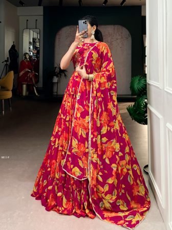 Designer Rani Pink  Floral Print  Lehenga With Handwork  Blouse 