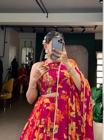 Designer Rani Pink  Floral Print  Lehenga With Handwork  Blouse