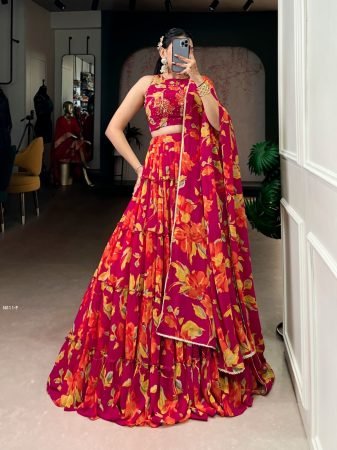 Designer Rani Pink  Floral Print  Lehenga With Handwork  Blouse
