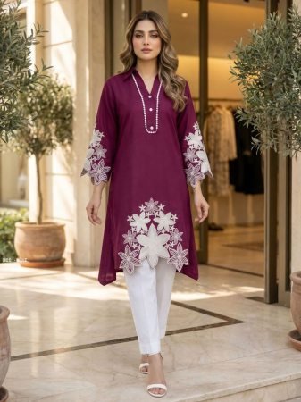 Designer Rayon A-line Kurti Pant Set With Ebroidery Cutwork