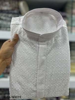 Designer Rayon Chikan Work White Kurta With Pyjama