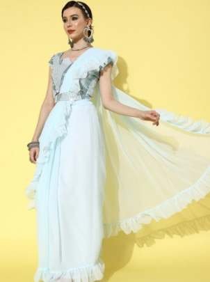 Designer Ready To Wear Sequence Work Ruffle Saree