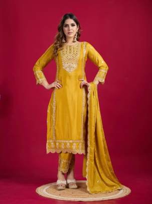Designer Real Mirror And Khatli Work Chinon Silk Kurtis Set