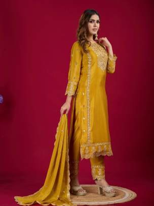 Designer Real Mirror And Khatli Work Chinon Silk Kurtis Set