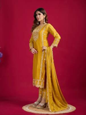 Designer Real Mirror And Khatli Work Chinon Silk Kurtis Set