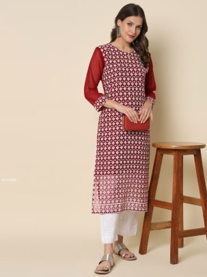 Designer Red Chikankari Embroidered Kurti Pant Set 