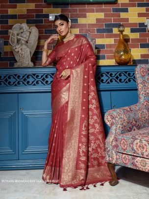 Designer Rust Zari Weaving Border Work Banarasi Silk Saree