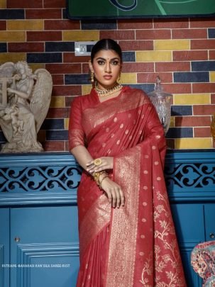 Designer Rust Zari Weaving Border Work Banarasi Silk Saree