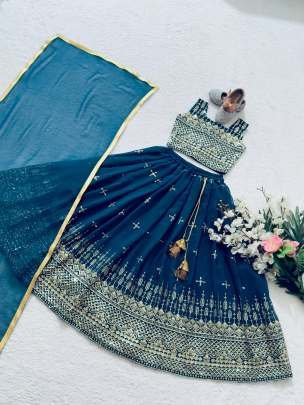 Designer Sequence Embroidery Work Blooming Georgette Kids Girls Lehenga Choli