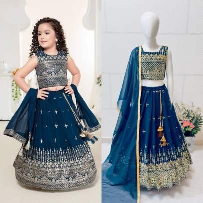 Designer Sequence Embroidery Work Blooming Georgette Kids Girls Lehenga Choli