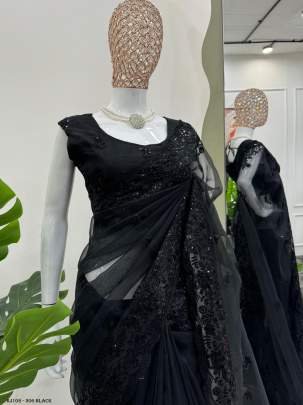Designer Shimmery Black Organza Saree With  Thread   Sequins work With Ready Made Blouse