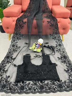 Designer Shimmery Black Organza Saree With  Thread   Sequins work With Ready Made Blouse