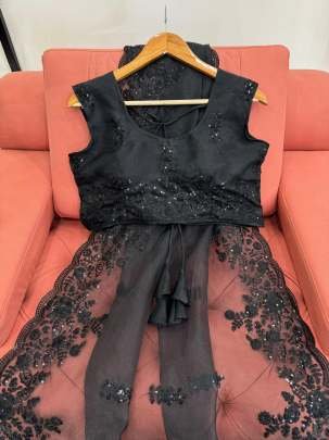 Designer Shimmery Black Organza Saree With  Thread   Sequins work With Ready Made Blouse