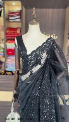 Designer Shimmery Black Organza Saree With  Thread   Sequins work With Ready Made Blouse
