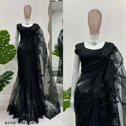 Designer Shimmery Black Organza Saree With  Thread   Sequins work With Ready Made Blouse