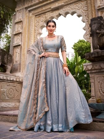 Designer Sky Blue Lehenga Choli With Unstitch Blouse 