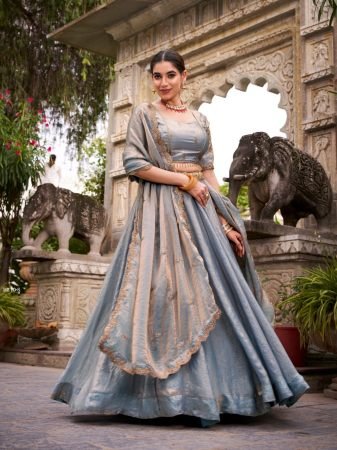 Designer Sky Blue Lehenga Choli With Unstitch Blouse