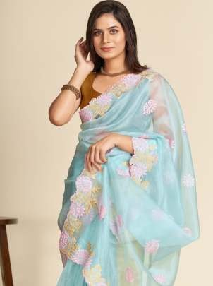Designer Sky Blue Organza Saree