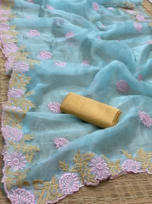 Designer Sky Blue Organza Saree
