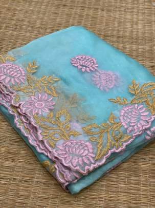 Designer Sky Blue Organza Saree